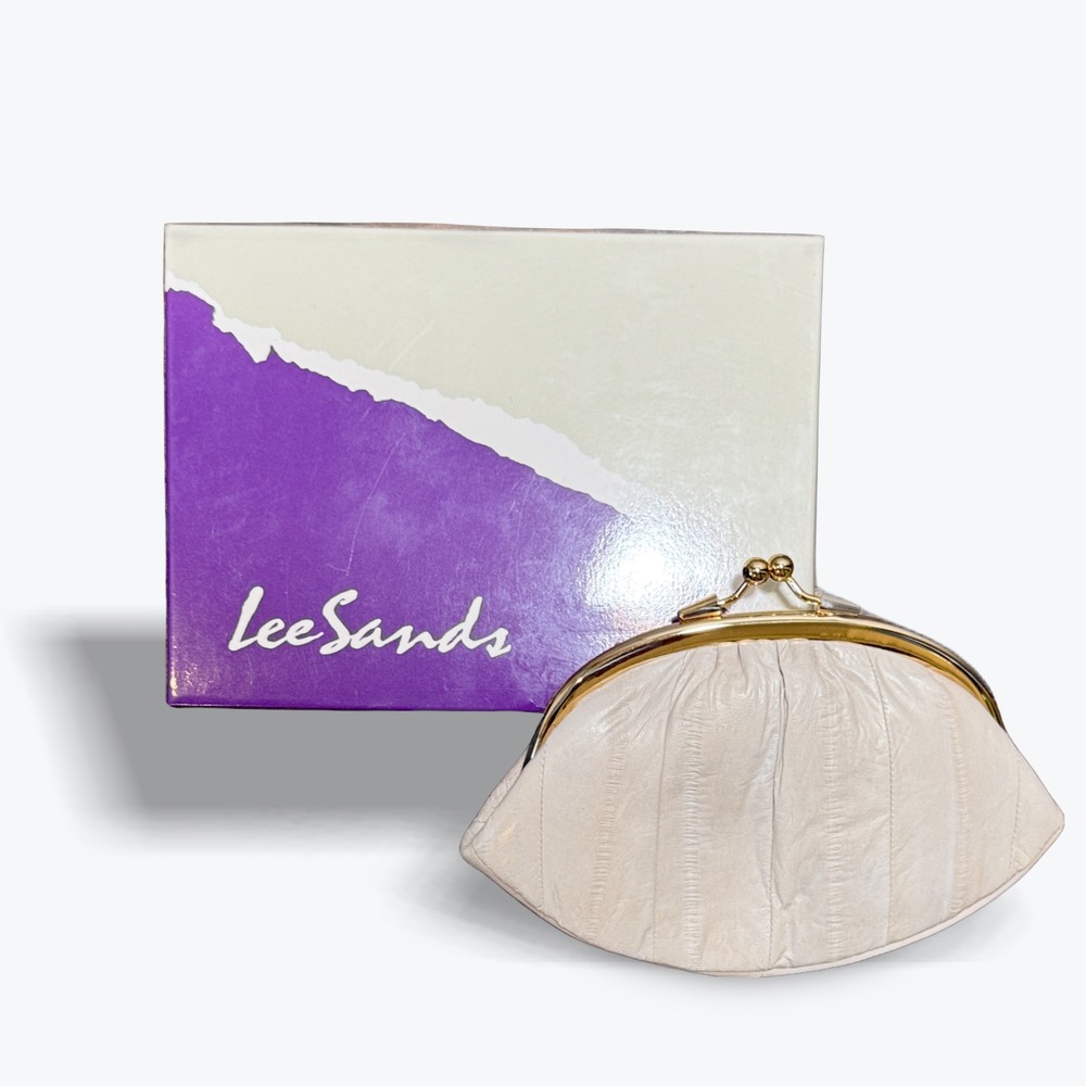 Lee Sands Eel Skin Clutch Vintage Cream White Fan Kiss Lock Evening Bag Box 80s